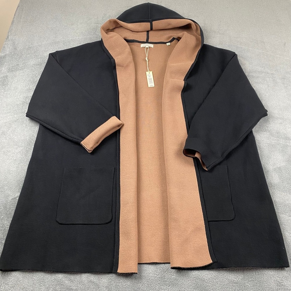 Max Studio Womens 3X Cardigan Black Tan Hooded Open Front Knit Sweater 2W07720